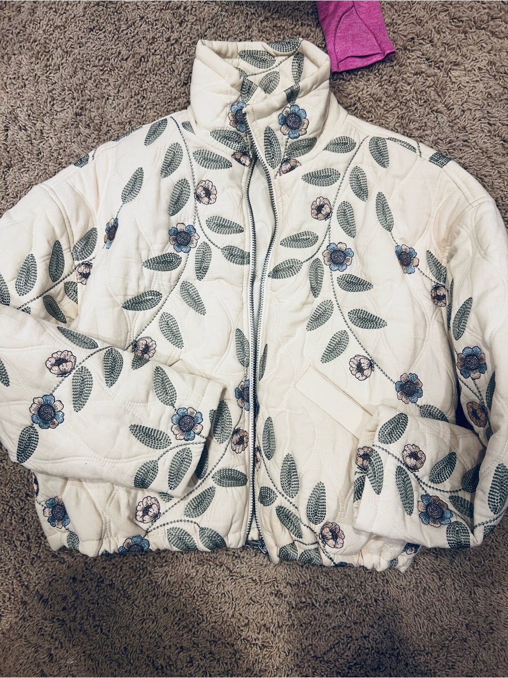 Blank NYC Cream Quilted Floral Zip Puffer Jacket